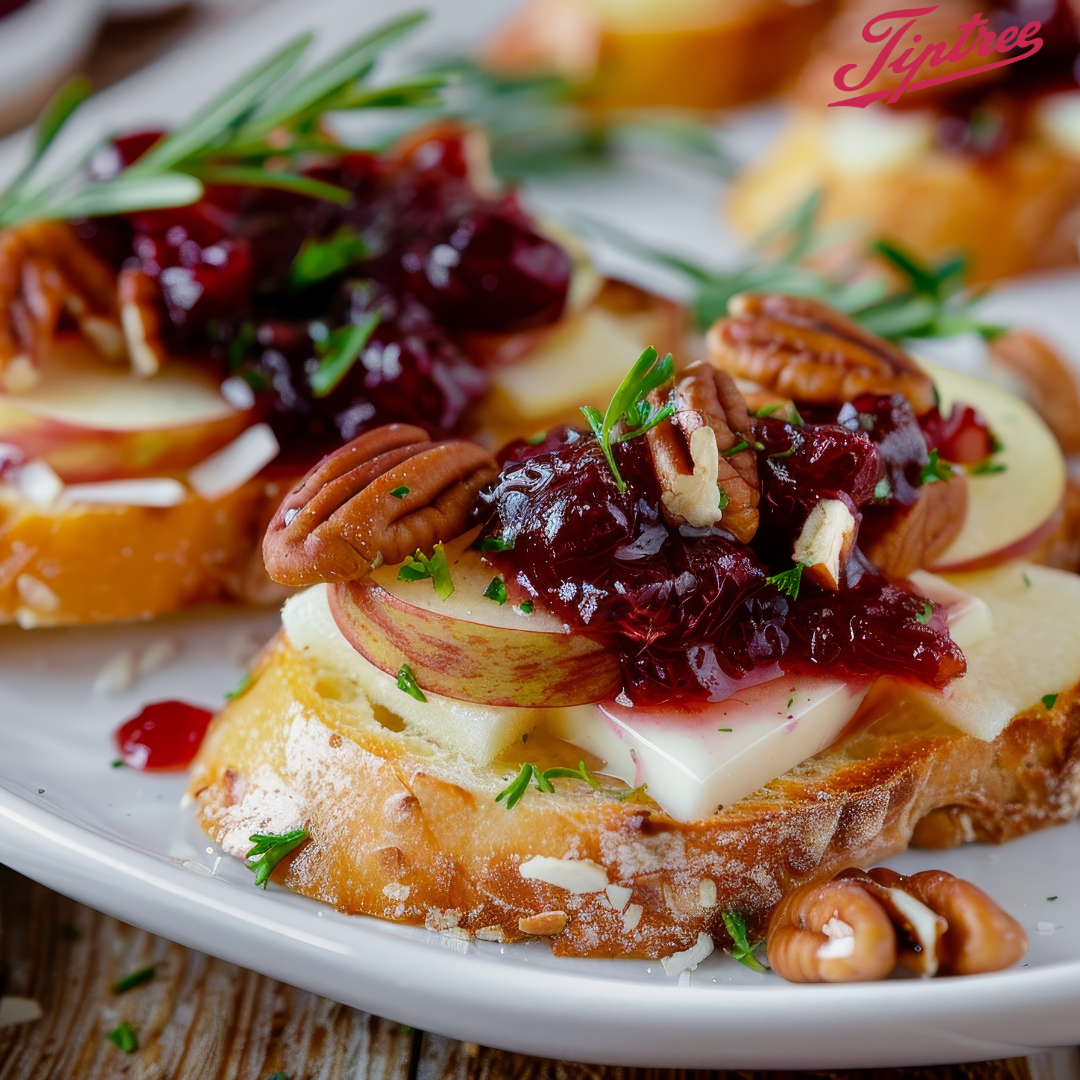 Autumn Baked Brie Crostini with Apples, Pecans, and TipTree Preserves